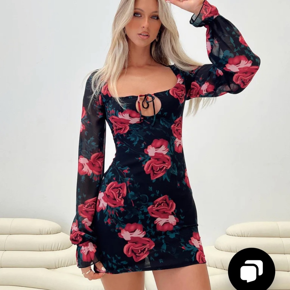 Princess Polly Black and Red Floral Long Sleeve Dress